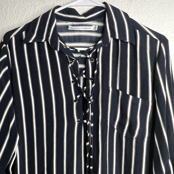 Faithfull The Brand Stevie Striped High low Long Sleeve Tunic Lace Up XS j16 - Picture 4 of 7